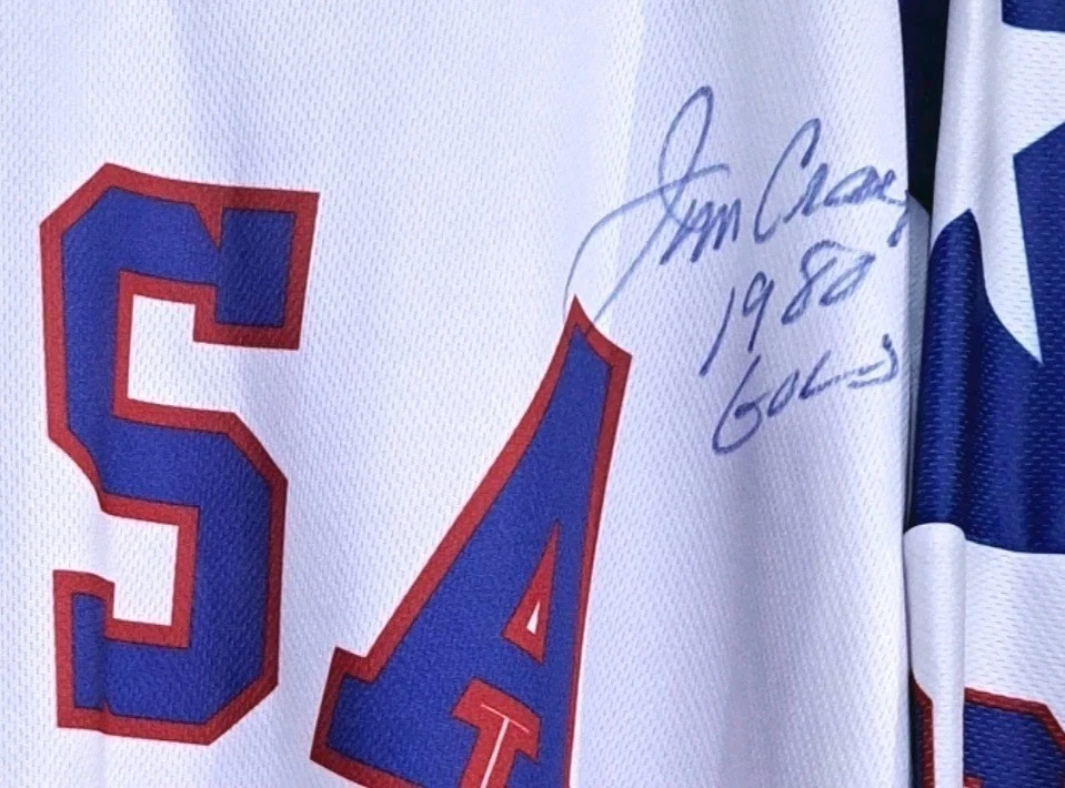 Camiseta Miracle On Ice firmada por Jim Craig 🇺🇲 1980 EE. UU. Hockey 🇺🇸 Lake Placid Foto 3 de 4