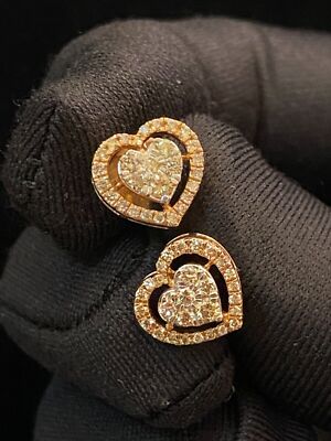 Pave 0.68 Cts Round Brilliant Cut Natural Diamonds Heart Stud Earrings In...