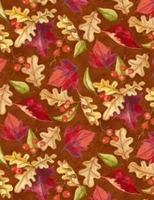 Fall Fabric - Thankful Harvest Leaves Berries on Rust Brown - Wilmington YARD