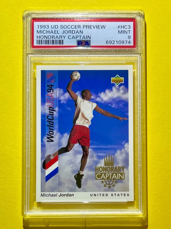 Michael Jordan COMO NUEVO COPA MUNDIAL DE FÚTBOL DE ESTADOS UNIDOS CAPITÁN HONORARIO 1993 CUBIERTA SUPERIOR PSA 9! Foto 4 de 4
