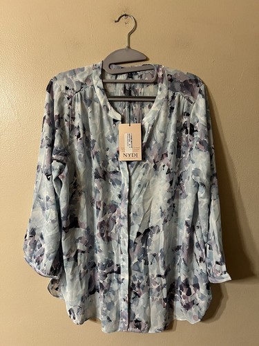 NYDJ Floral Pintuck Blouse With Pleated Back Women’s Size S 3/4 Sleeve V-neck