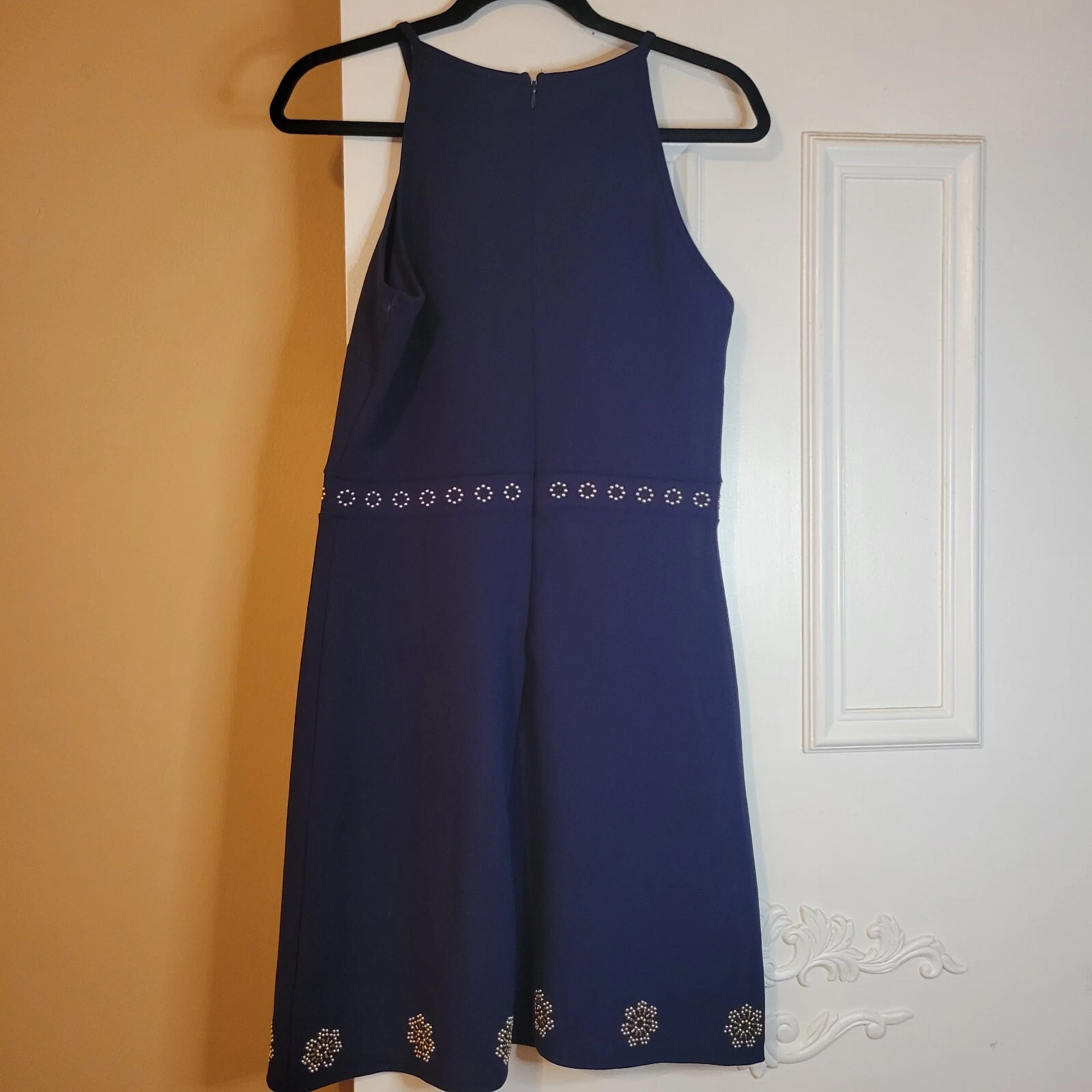Abito Michael Kors blu navy senza maniche mini matita perline accento argento taglia media