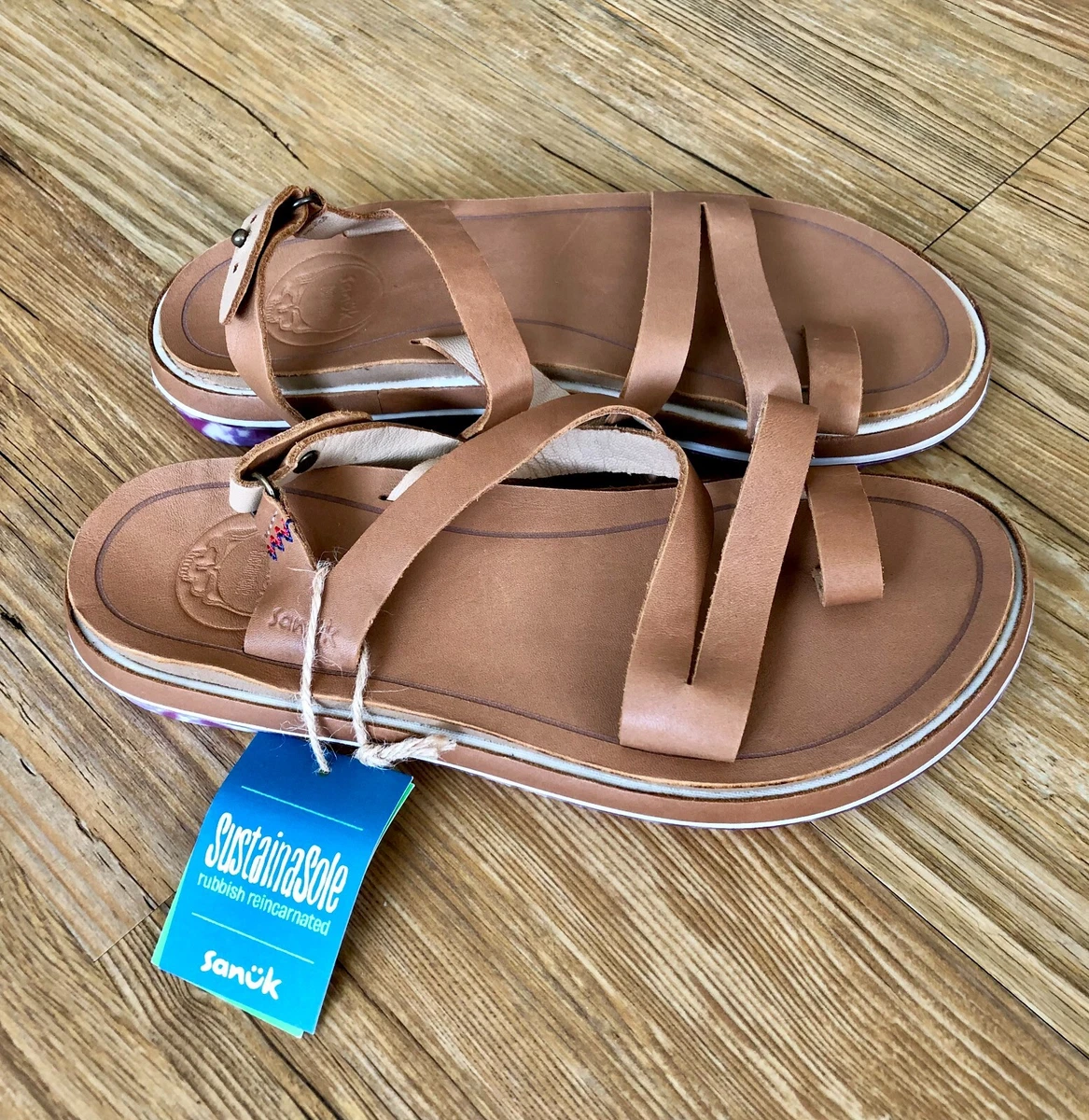 Sanuk Women's Vazon Sustainasole X Grateful Dead Tan Leather Sandals Size 7