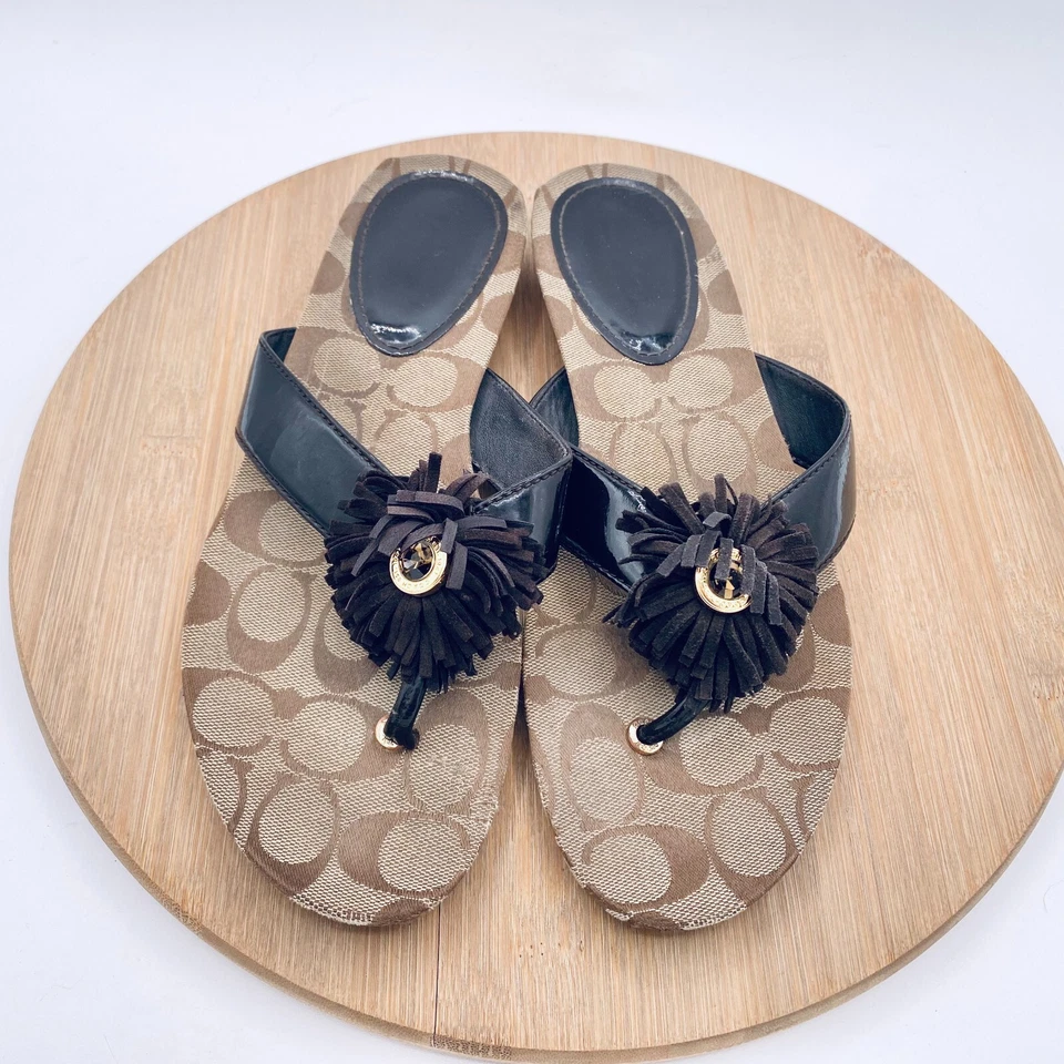 Sandalias Coach Suki con flecos para mujer 9,5 charol negro chanclas estrás Foto 2 de 4