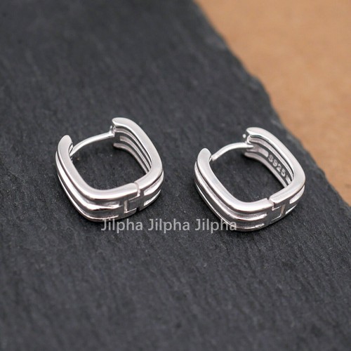 Mens Sterling Silver Small Square Huggie Hoop Earrings Ribbed Textured A4543 - Picture 7 of 8