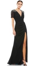 Ieena Mac Duggal Black Sequins Embellished Shoulder V Neck Draped Gown Size 4