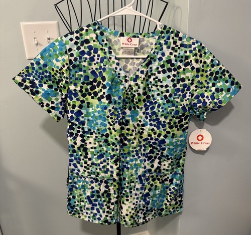NEW White Cross Confetti Cool Women Scrub Top Extra Small XS Blue Green Shirt - 第 1/11 張圖片