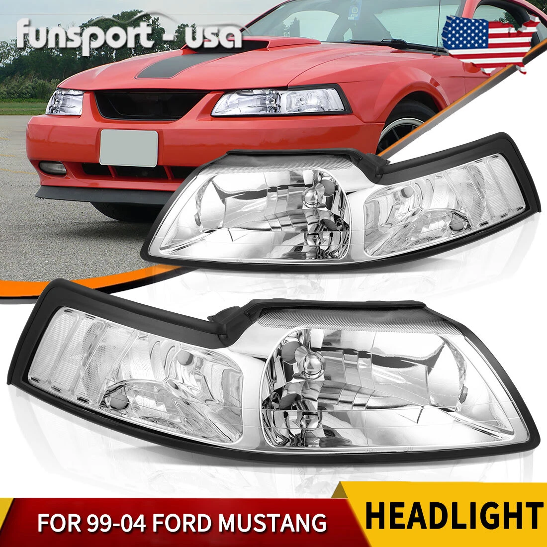Chrome Headlights For 1999 2004 Ford Mustang V6 GT SVT Cobra Pair