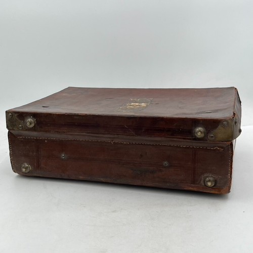 Vintage Leather Suitcase 1940s Boho Rustic Decoration Travel Storage Salesman - Picture 9 of 21