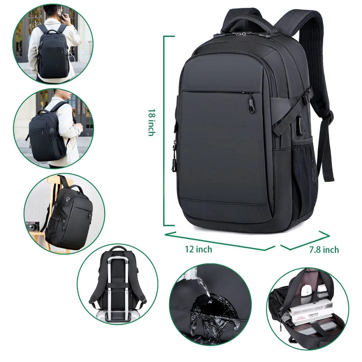Unisex Adult Backpack Large Capacity Travel Rucksack Laptop Bag USB Port Black