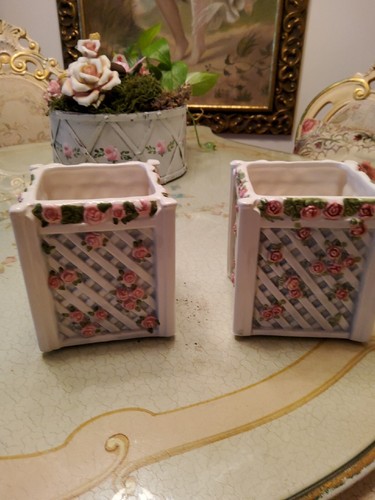 LBK Flower Pot Planter Vtg Home Garden Decor Plants Ceramic Pink White Pair Set - Picture 9 of 11
