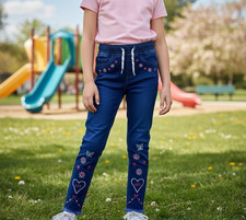 Loom Park Girls Embroidered Denim Jeans Size 10 Blue Floral Butterfly Heart Hem