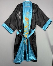 Vintage Asian Silk Dragon Embroidered Chinese Robe Black Kimono Reversible Blue
