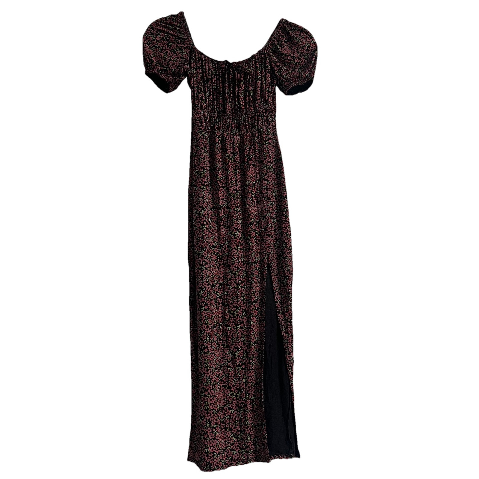 Missguided Milkmaid Split Midaxi Dress Womens Size 4 Black Puff Sleeve Casual