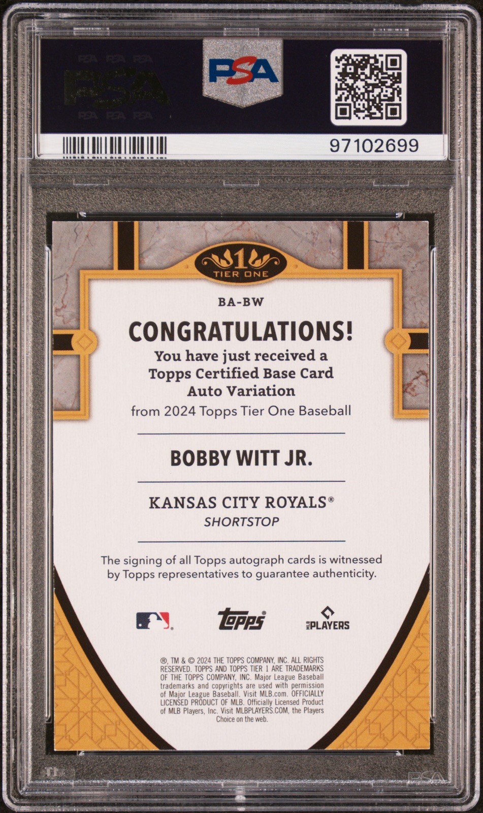 Bobby Witt Jr 2024 Tier One Auto 07/25 PSA 9 Triple 7 Jersey Match Inscribed “7” view 2