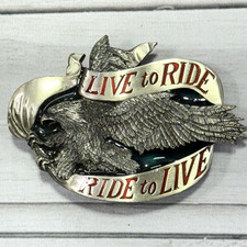 Harley Davidson Belt Buckle Silver Red Live To Ride Eagle Banner 1981 Bergamot