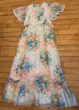 Vintage 70s RAR Designer Floral Prairie Maxi Dress Lace Flutter Sleeve Boho Sz 8