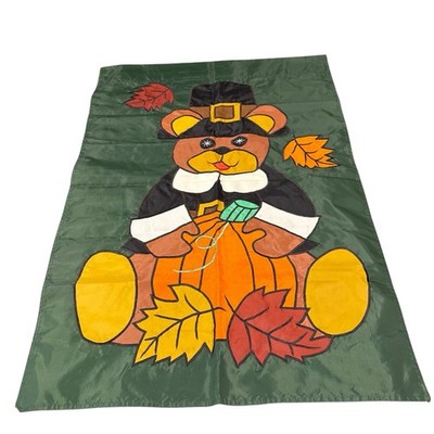 Fall Outdoor Flag 40'' X 28 Bear in Pilgram Outfit with Pumpkin