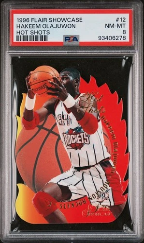 1996-97 Flair Showcase Hot Shots Hakeem Olajuwon 12 Die-Cut Insert PSA 8 Rockets