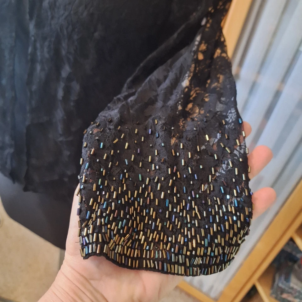 BLACK BEADED LACE EVENING TOP JACKET SIZE 12 COQUETTE RETROGLAM ROMANTIC GOTH  - Image 4 of 4