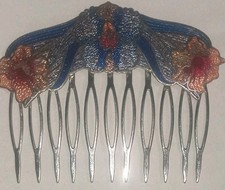 Vintage Cloisonne Silver Tone Enamel Hair Comb blue/Pink Flowers
