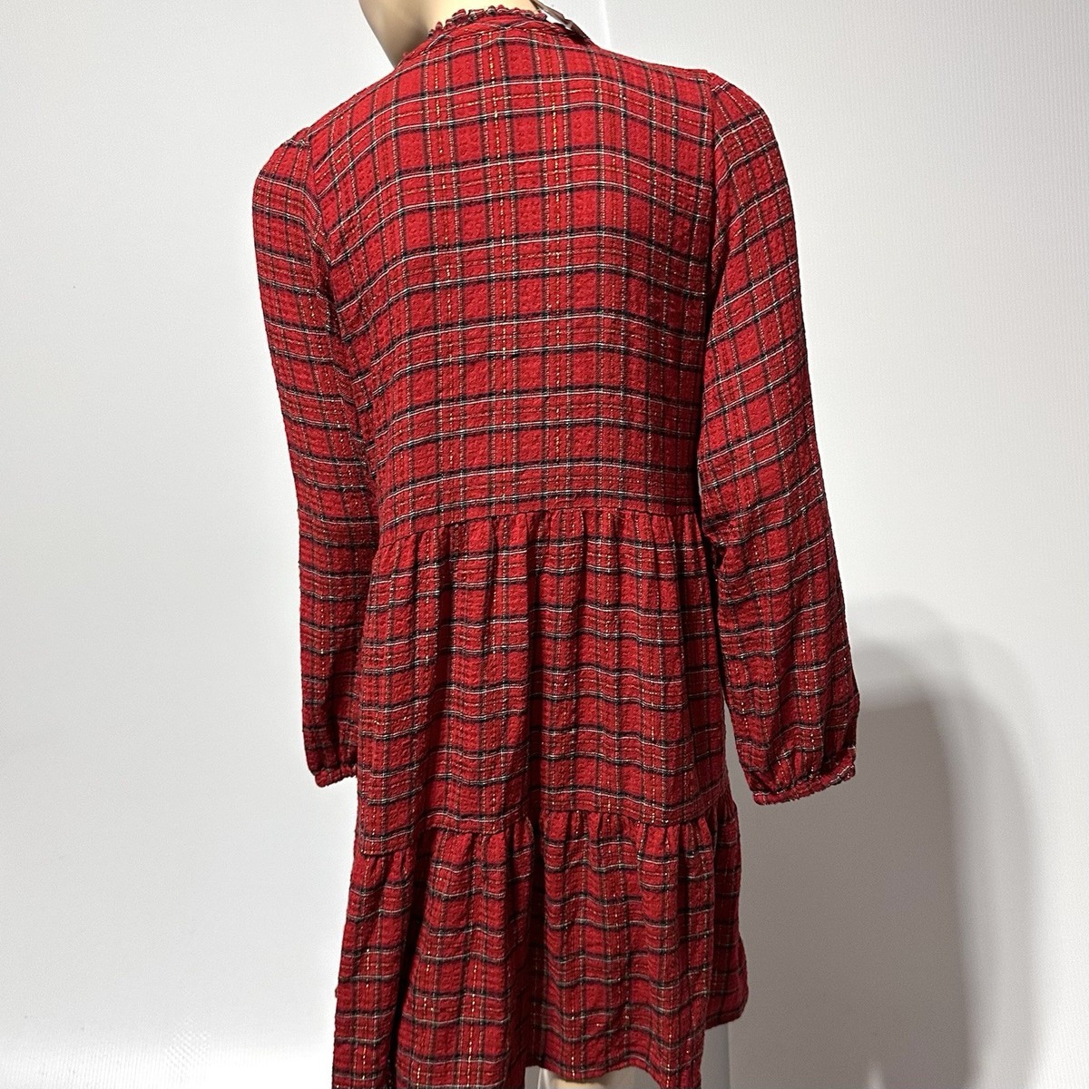LOFT Red Plaid Dress Size S Long Sleeve Tiered Gauze Gold