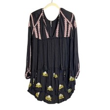 Free People Black Embroidered Tassel V Neck Mini Dress Women Medium BOHO