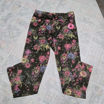NOT  Converse Girls Leggings Medium Rise Waistband Size L Olive pink floral 115