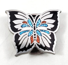 Vintage Pewter Butterfly Belt Buckle Crushed Turquiois Coral Inlay Black Enamel