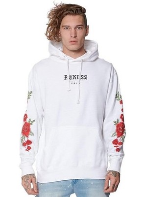 Men's Young & Reckless Hoodie White & Red Rosebed Roses Fleece S-XXL