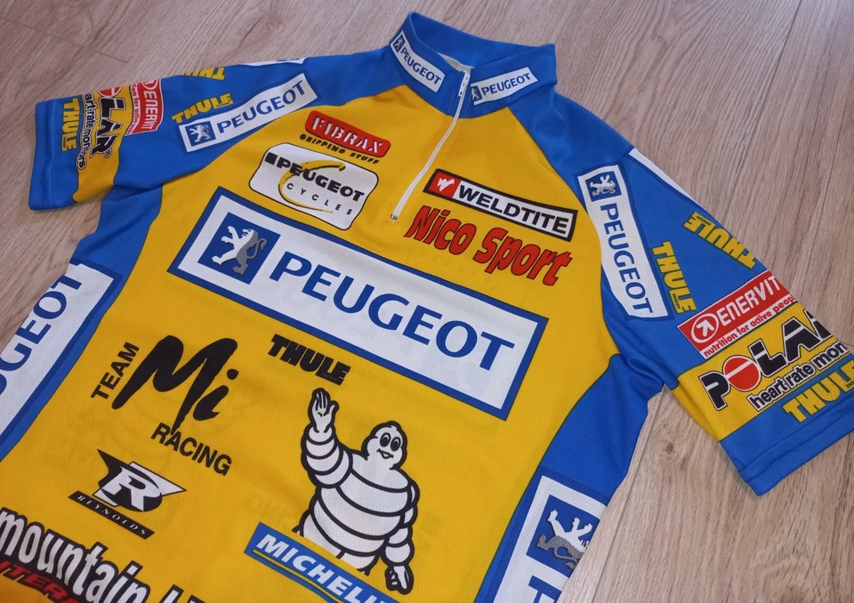 Maillot de ciclismo vintage Peugeot Michelin THULE Mi Racing amarillo/azul años 90 Foto 2 de 4