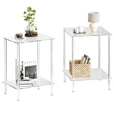 Tempered Glass Side Tables Set of 2 Acrylic End Table with 2 Storage Shelve t...