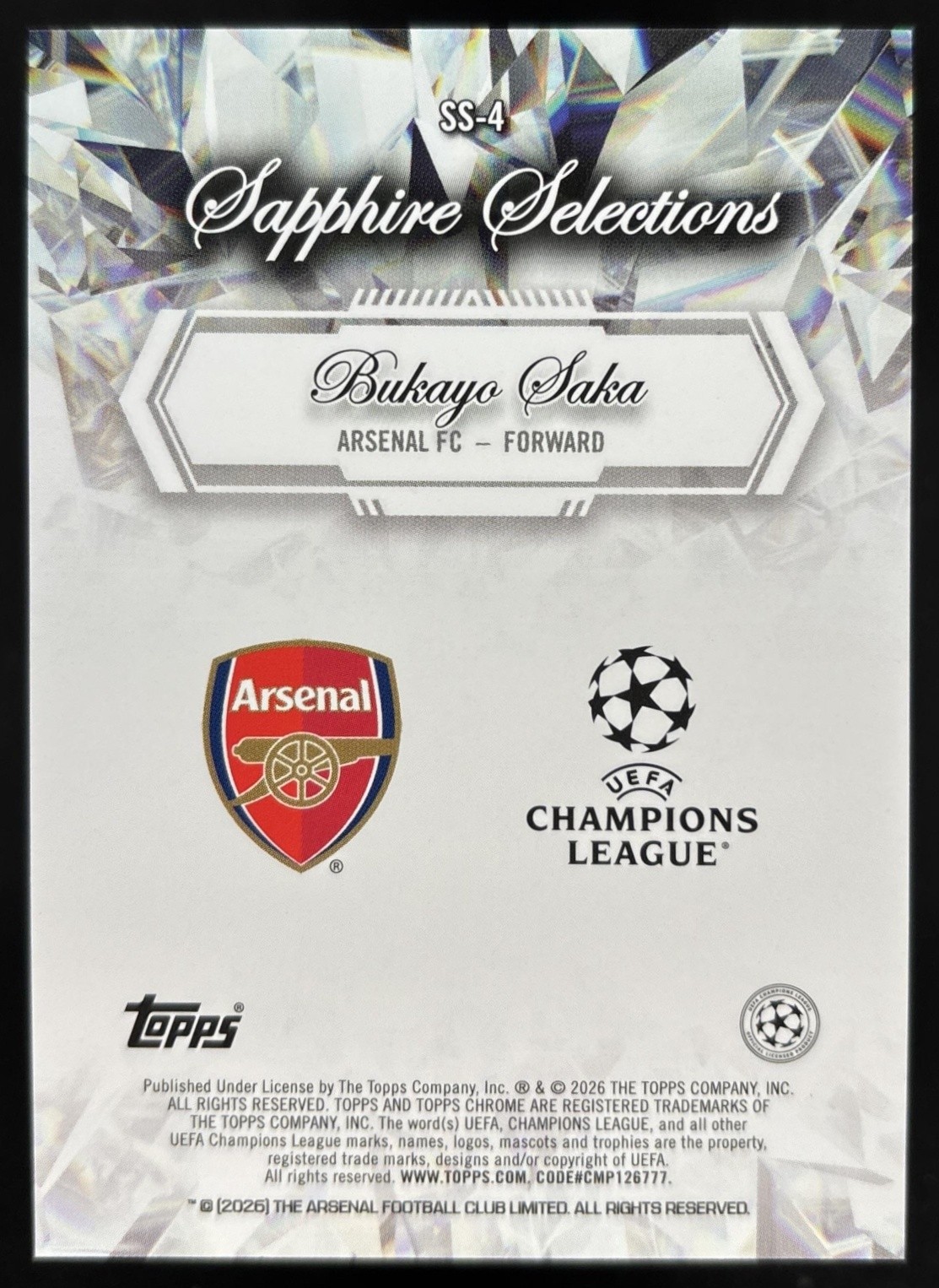 Bukayo Saka 2025-26 Topps Chrome UEFA Club Competitions Sapphire Selections view 2