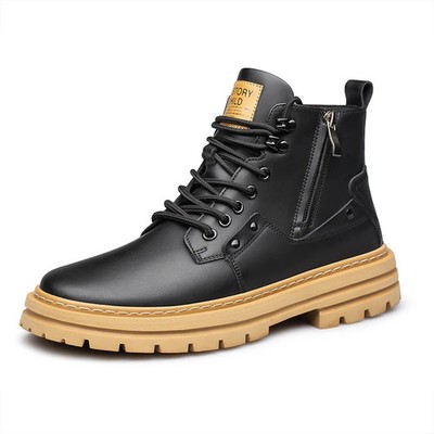 Men's Hiking Trekking Leather Flat Boots High Top Zipper Height Increasing Shoes