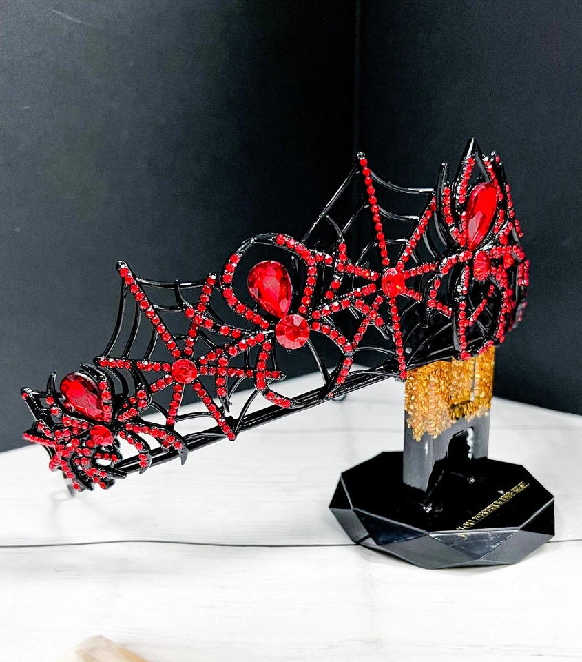 Corona Mujer Araña, Corona Halloween, Cosplay Corona Negra, Corona Cristal Rojo Foto 3 de 4