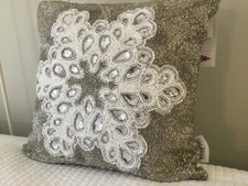 Bella Lux Christmas Collection White Silver Beaded Pillow  15”  NEW   SHIPS FREE