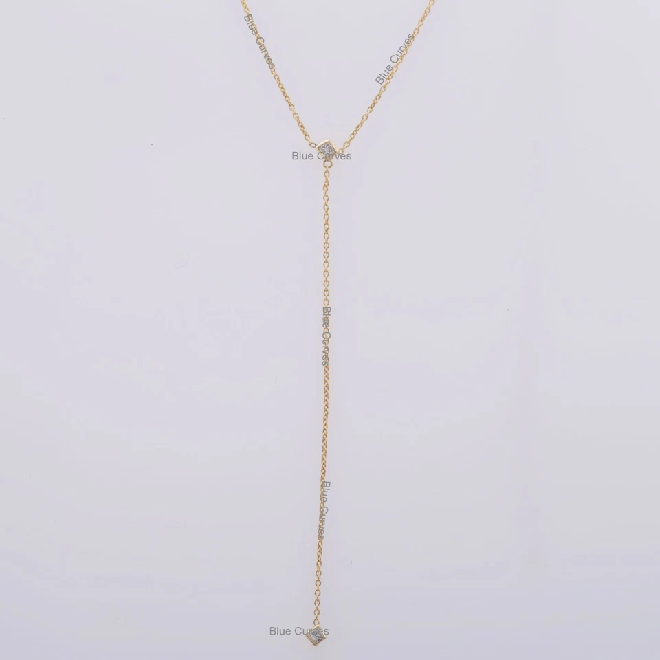 Collar de cadena Lariat de diamantes naturales con forma de rombo de oro amarillo sólido de 14 k de 16"" Foto 2 de 3