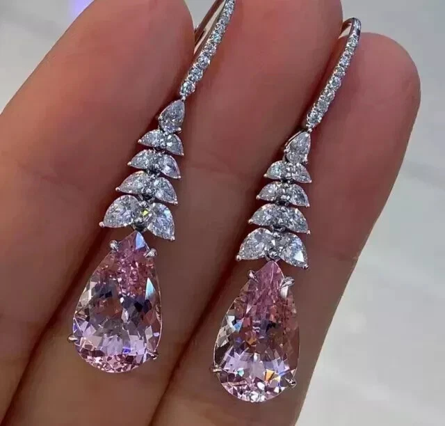 2.80Ct Pear Cut Lab-Created Morganite Drop Dangle Earring 14K White Gold Plated - Image 3 of 4