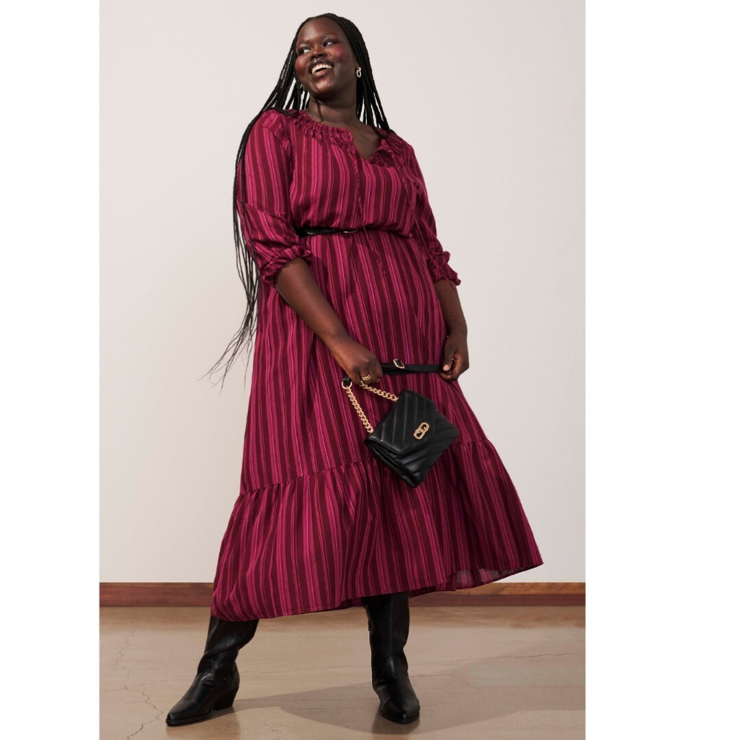 Terra & Sky Red & Pink Stripe Tiered Long Sleeve Peasant Maxi Dress Plus  Size 2X | eBay