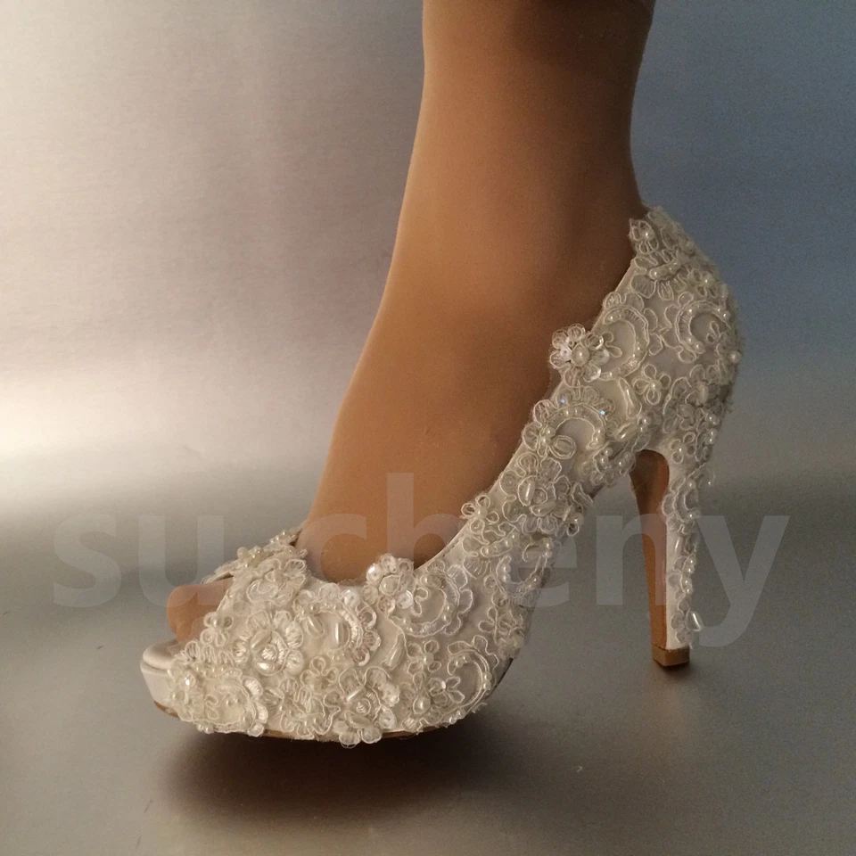 su.cheny 3" 4" heel satin white ivory lace pearls peep toe wedding bridal shoes - Image 2 of 4