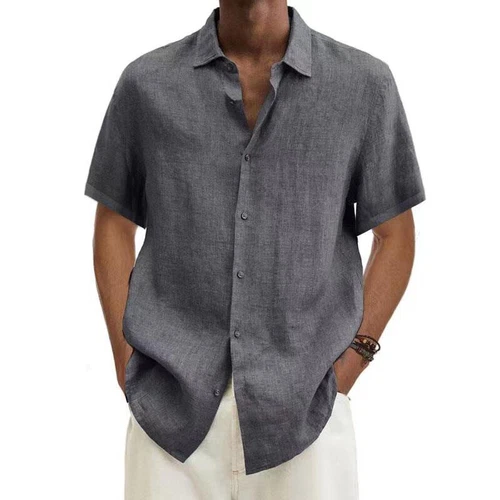 Camisa de vestir suelta con botones de manga corta de algodón y lino para hombre - Imagen 14 de 33