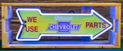 Vintage We Use Chevy Chevrolet Parts Arrow Neon Sign In Crate 26 x9 x6  WORKS