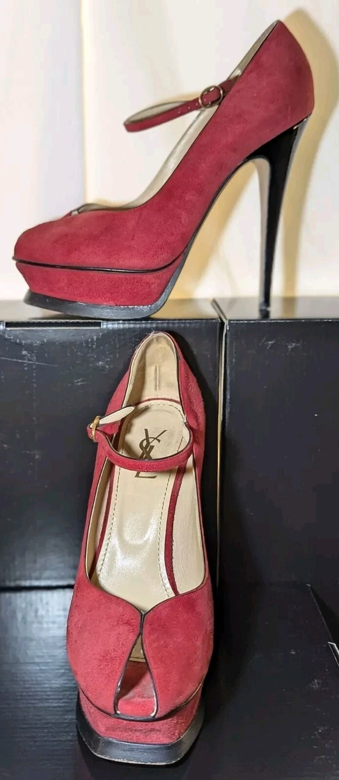 YSL Yves Saint Laurent Red Suede & Black Ultra High Heels Sz 38.5 (8 8.5)