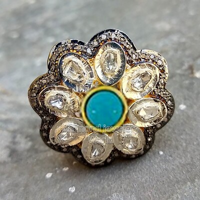 Amazing 1.75ctw Rose Antique Cut Diamond Turquoise Silver Victorian Ring Jewelry