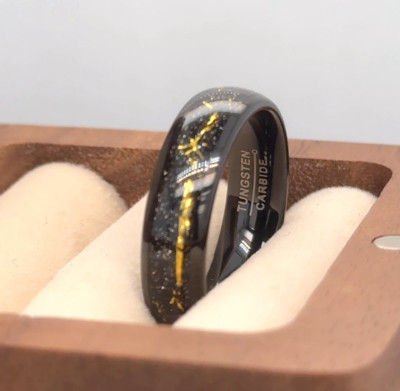Black Tungsten Thanksgiving Hostess Gift Ring Yellow Meteorite Inlay Unisex Ring