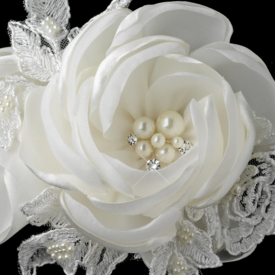 Ivory Satin Lace Tulle Fabric Rose Pearl & Rhinestone Bridal Wedding Hair Clip - Image 2 of 2