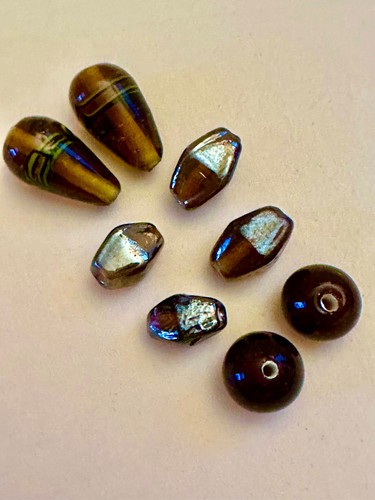 Lot 8 Amber Color Glass Beads Assorted Shapes Sizes 2 Cones Hand Painted    Vtg.