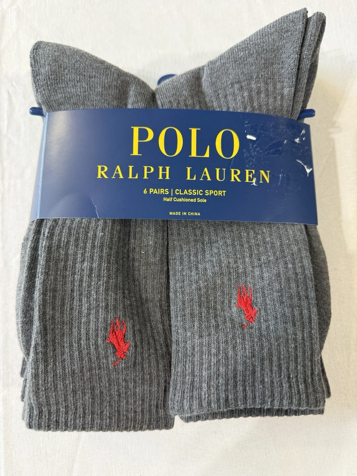 Polo Ralph Lauren Classic Sport 6-Pair Crew Socks Gray With Red Polo Pony NEW