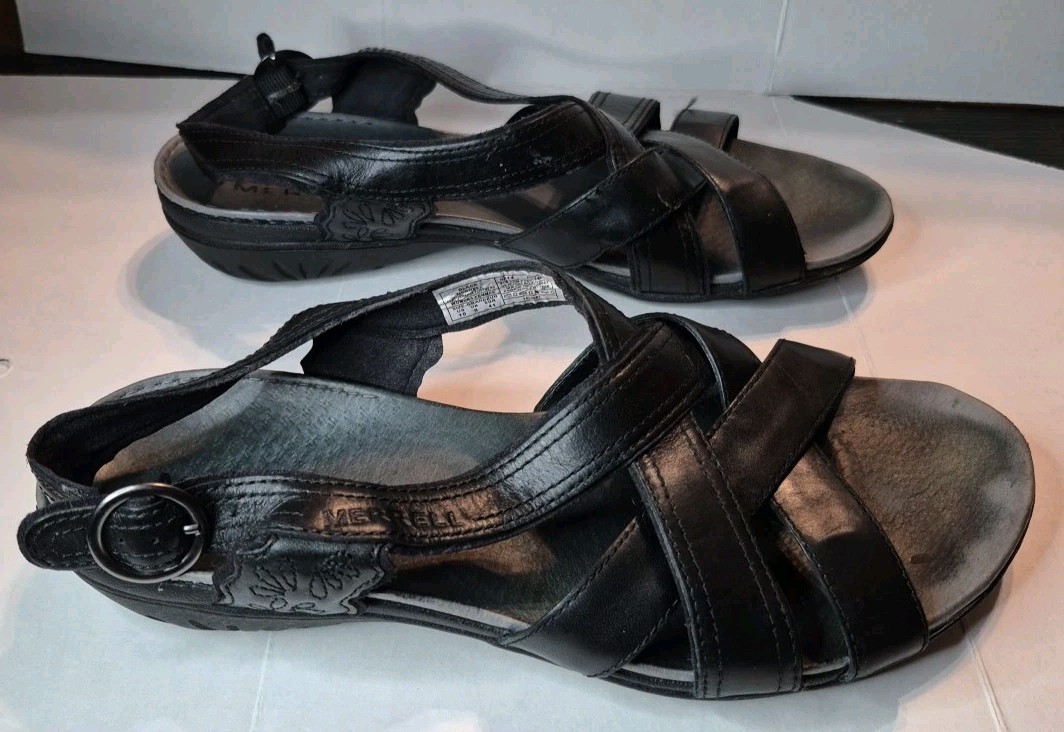 Merrell Sandali da donna neri in pelle con cinturino e cinturino taglia 10 (J46246)