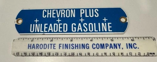 Vintage Chevron Plus Unleaded Gasoline, Blue Porcelain Sign/Emblem